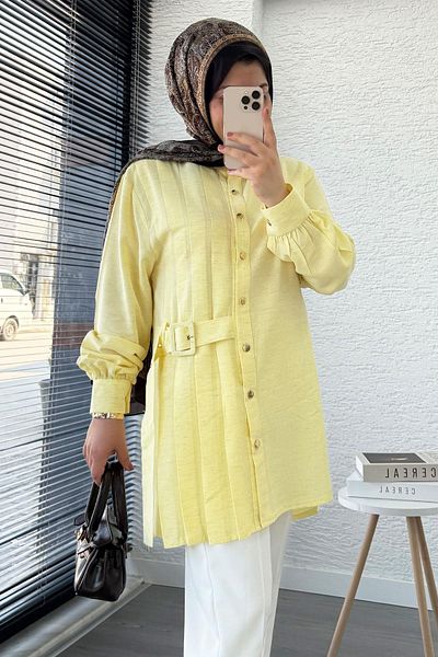 MELEK ARAZ Linen Tunic with Side Belt and Pleat Detail – Yellow