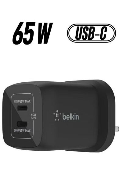 Belkin 65W Dual USB Type-C Wall Charger with GaN Technology – Black