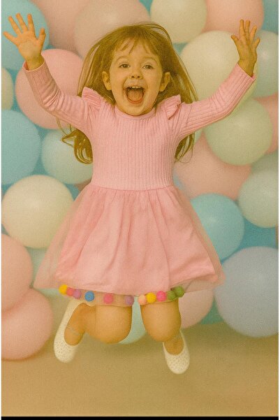 renkli diyar Girl's dress with pompom details tulle for school, kindergarten, primary school, preschool