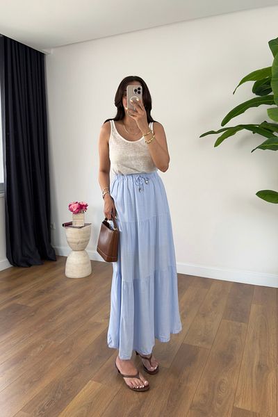 BİRCANÇİL Rodi Baby Blue Bead Detailed Lined Skirt