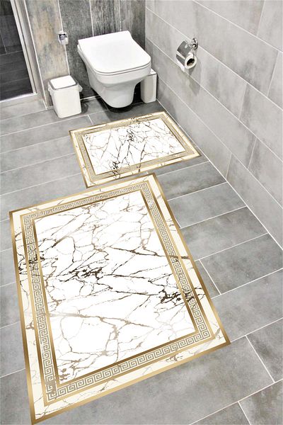 Bordo Halı Water Resistant Digital Printed Bath Mat Set with Non-Slip Base |   Burgundy Carpet 1662