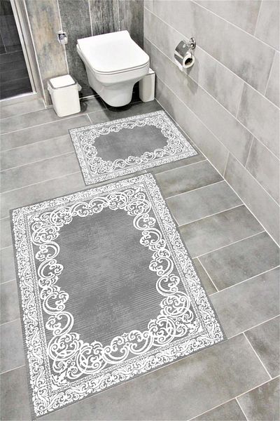 Bordo Halı Water Resistant Digital Printed Bath Mat Set with Non-Slip Base |   Burgundy Carpet 1679