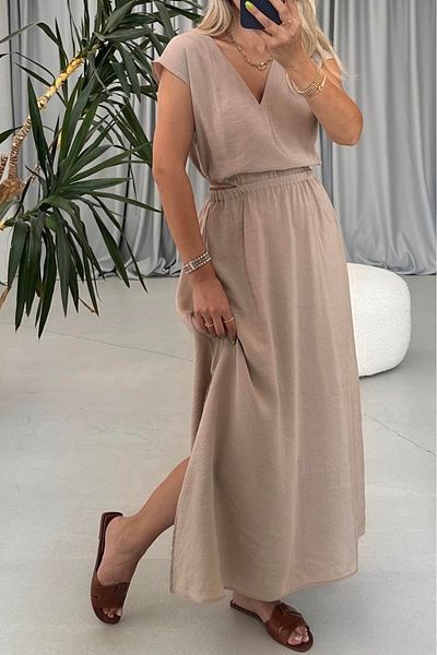 Suzi Modal Fabric Waist Decoleted V-Neck Dress 4S781