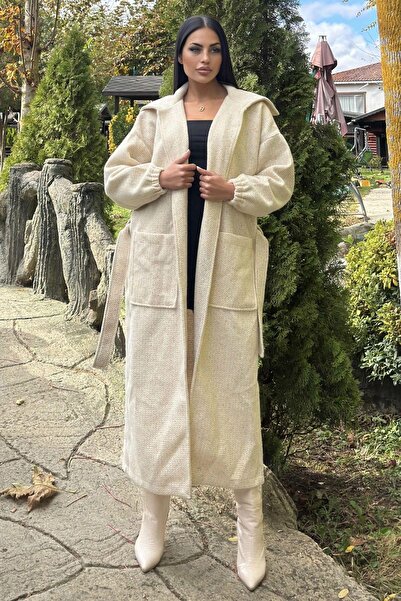 NEW LAVİVA Ecru Pocket, Balloon Sleeve, Belt, Thick Knit Knitwear, Long Coat