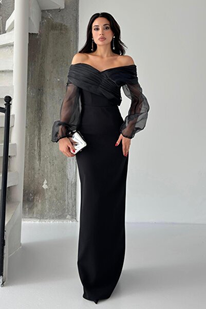 Serica Moda Βραδινό φόρεμα με μαύρο σιφόν μανίκι με λεπτομέρεια off the shoulder