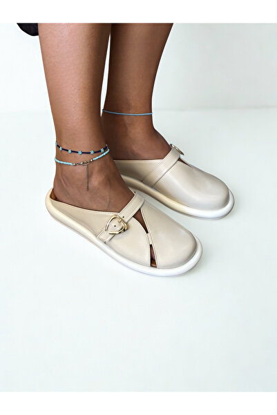 NE&VE SHOES Γυναικείες καθημερινές άνετες παντόφλες Sabo με αγκράφα από γνήσιο δέρμα σε μπεζ χρώμα