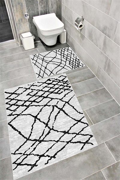 Bordo Halı Water Resistant Digital Printed Bath Mat Set with Non-Slip Base |   Burgundy Carpet 1577