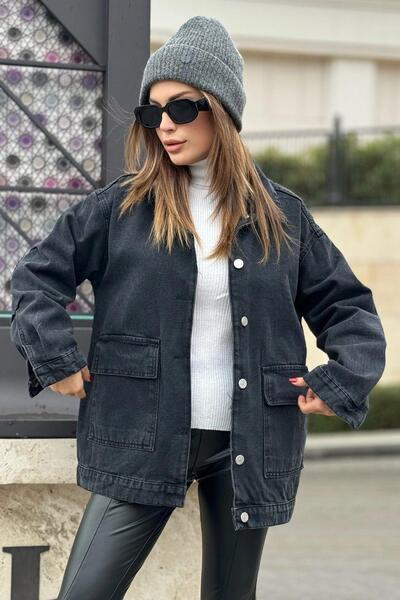 NEW LAVİVA Дамско черно яке с широк джоб, качествен дънков плат, ежедневен деним