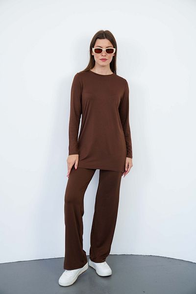 penyebizden Crew Neck Viscose Tunic & Trousers Set-Brown