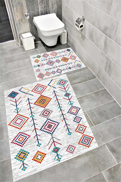 Bordo Halı مجموعة سجادة حمام مطبوعة رقمية مقاومة للماء مع قاعدة مضادة للانزلا...