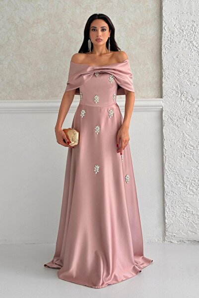 Serica Moda Βραδινό φόρεμα σατέν με στράπλες πέτρες με πούδρα