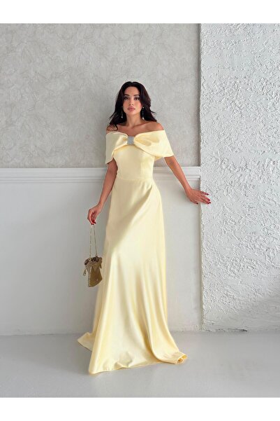 Serica Moda Sarı Önü Taşlı Fiyonk Detaylı Abiye