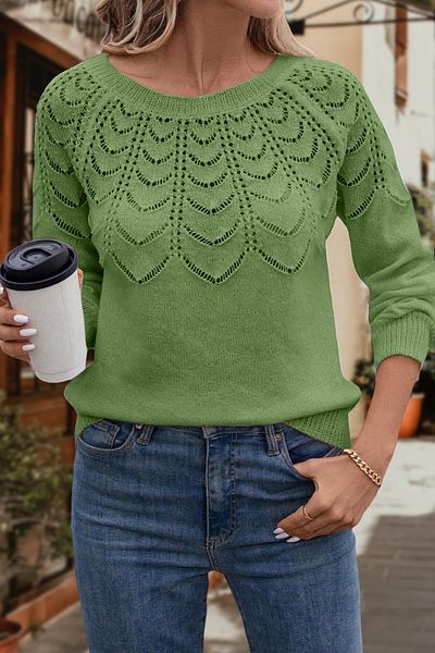 AQE FASHION Women's Openwork Patterned Crew Neck Casual Long Sleeve Knitwear Sweater Pistachio Green