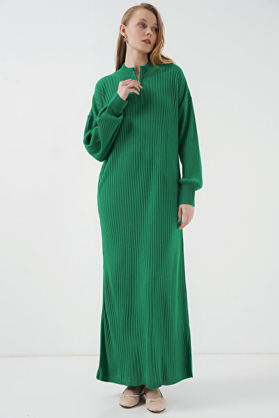 Merterium Women's Long Zippered Knitwear Dress Green 1139