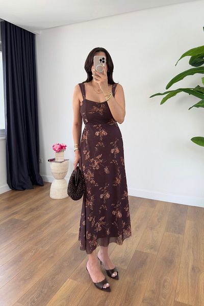 BİRCANÇİL Tuse Brown Floral Patterned Lined Lace Dress
