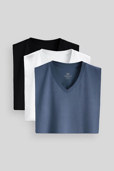 TOMMY LIFE Standard Fit Basic V-Neck 3 Pack Black-White-Petrol Men's T-Shirt 87912