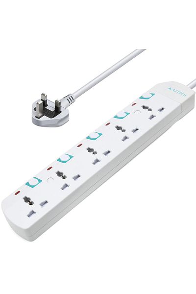 Aztech 5-Way 3M 3250W Power Extension Cord ECAS Cert 5 Universal Outlets Electrical Strip Cable UK