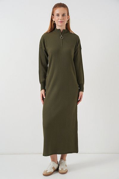 Merterium Women's Long Zippered Knitwear Dress Khaki 1139
