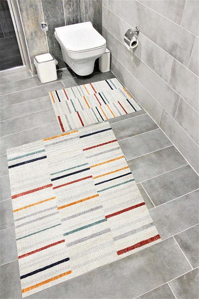 Bordo Halı Water Resistant Digital Printed Bath Mat Set with Non-Slip Base |   Burgundy Carpet 1401