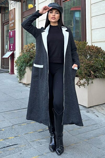 NEW LAVİVA Black Double-Sided Double-Breasted Collar, Belted, Soft Texture, Double Stamp Long Jacket