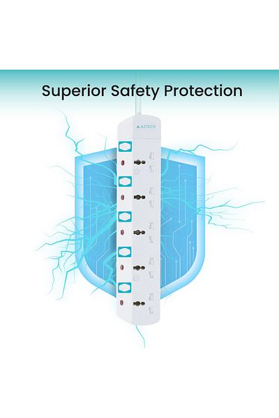 Aztech 5-Way 3M 3250W Power Extension Cord ECAS Cert 5 Universal Outlets Electrical Strip Cable UK