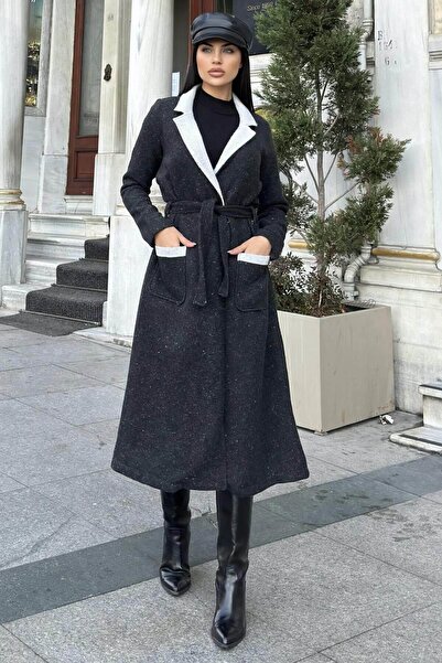 NEW LAVİVA Black Double-Sided Double-Breasted Collar, Belted, Soft Texture, Double Stamp Long Jacket