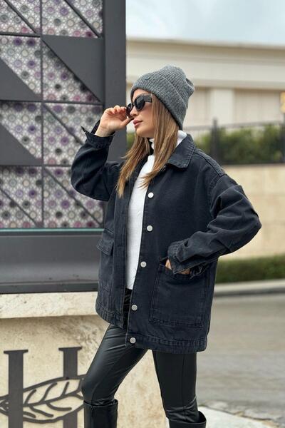 NEW LAVİVA Дамско черно яке с широк джоб, качествен дънков плат, ежедневен деним