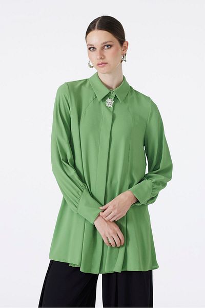 Zühre Brooch Detailed Green Blouse B-0095