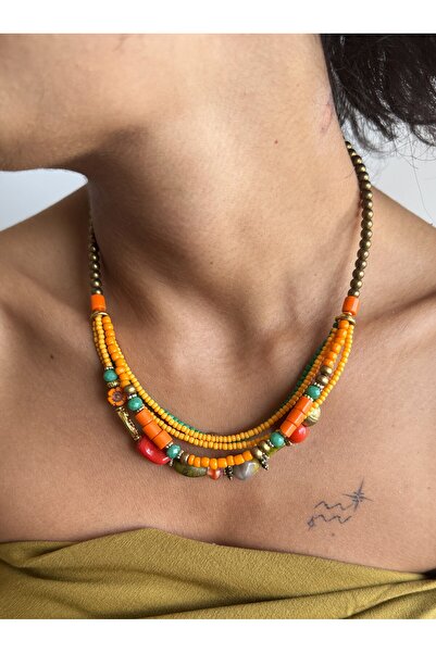 dela otantik El Yapımı Turuncu Katmanlı Boncuklu Kolye – Renkli Bohem Otantik Etnik Doğal Taşlı Bijuteri Takı