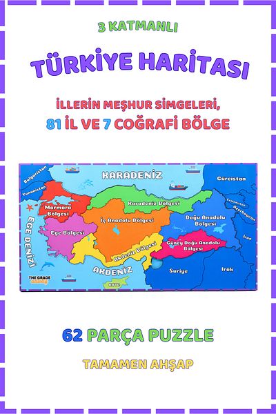The Grade Turkey Map Puzzle,3 Layers, Regions,Cities and Famous Landmarks,Educational Puzzle,51 X 27 Cm.