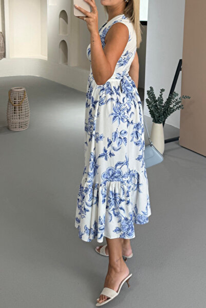 Suziş KADIN KRUVAZE MİDİ BOY DESENLİ MAVİ BEYAZ ELBİSE 4S715