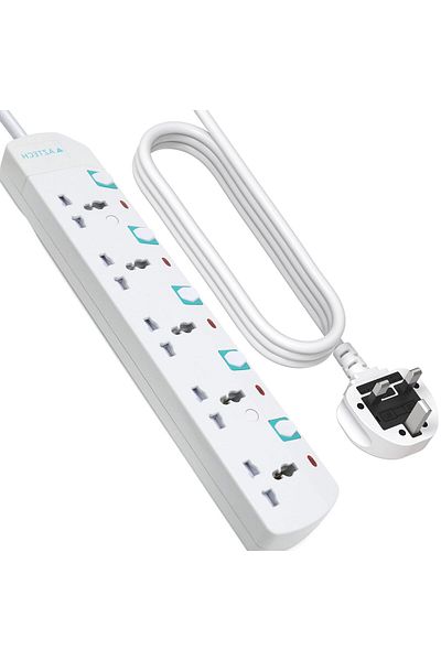 Aztech 5-Way 5M 3250W Power Strips Cord ECAS Cert 5 Universal Outlets Electrical Strip Cable UK Plug