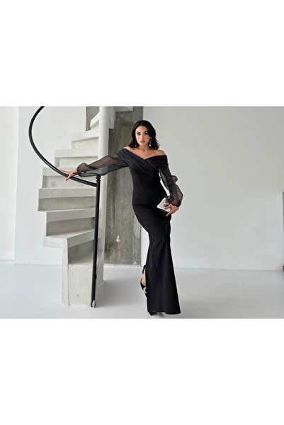 Serica Moda Βραδινό φόρεμα με μαύρο σιφόν μανίκι με λεπτομέρεια off the shoulder