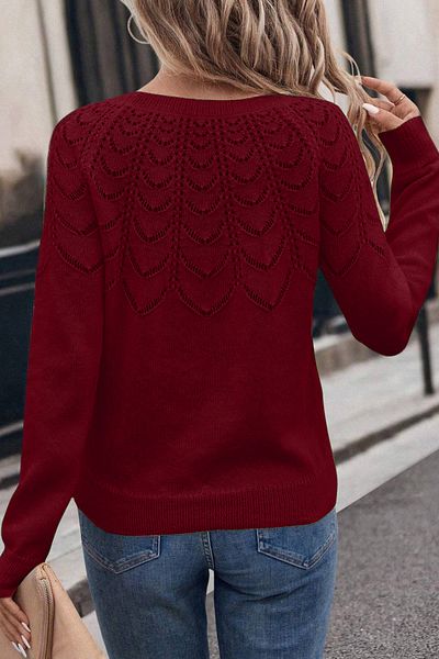 AQE FASHION Women's Openwork Patterned Crew Neck Casual Long Sleeve Knitwear Sweater Burgundy