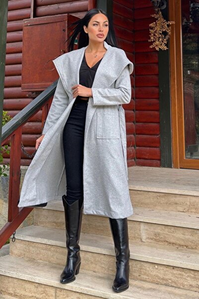 NEW LAVİVA Gray Double Breasted Neckline, Hood, Double Pocket, Waist Belt, Long Stamp Coat (No Lining)