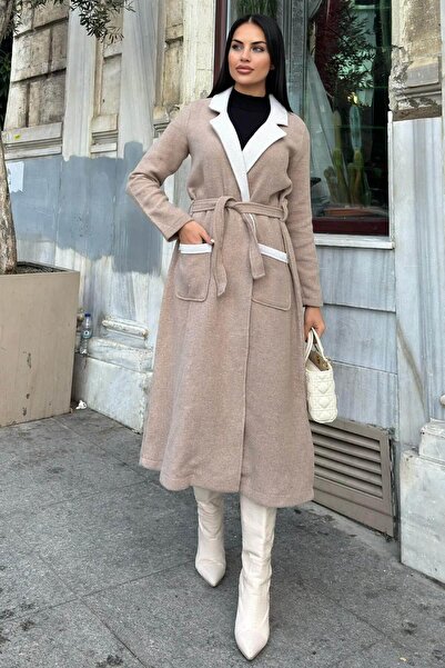 NEW LAVİVA Beige Double-Sided Double-Breasted Collar, Belted, Soft Texture, Double Stamp Long Jacket