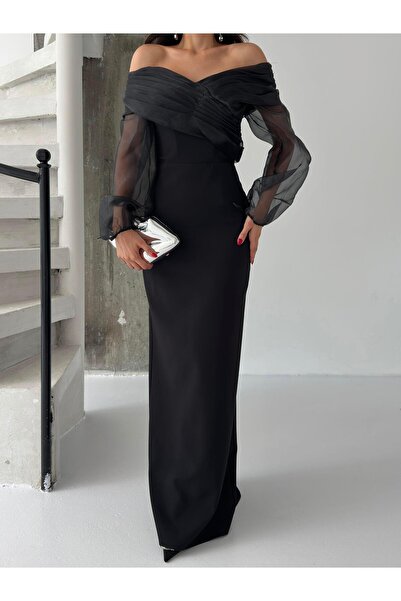 Serica Moda Βραδινό φόρεμα με μαύρο σιφόν μανίκι με λεπτομέρεια off the shoulder