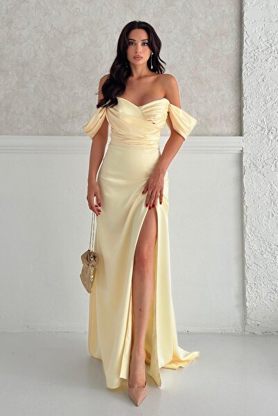 Serica Moda Sarı Büzgülü Düşük Kol Saten Abiye Elbise