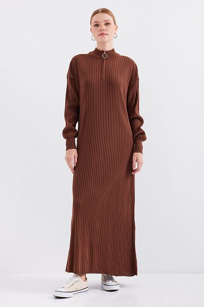 Merterium Women's Long Zippered Knitwear Dress Brown 1139