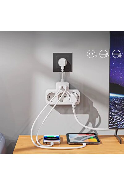 MATECHNO Çoklu Kablolu Priz Yüksek Gerilim Korumalı 3'LÜ Priz 1X USB 2X Type-C Çıkışlı Grup Priz Çoğaltıcı