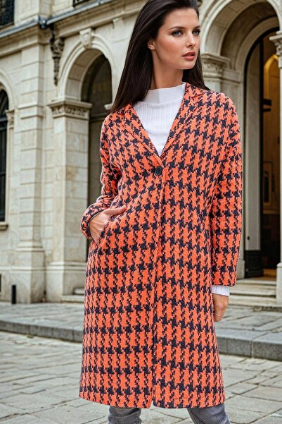 NEW LAVİVA Orange Houndstooth Patterned Long Coat with Pocket Detail