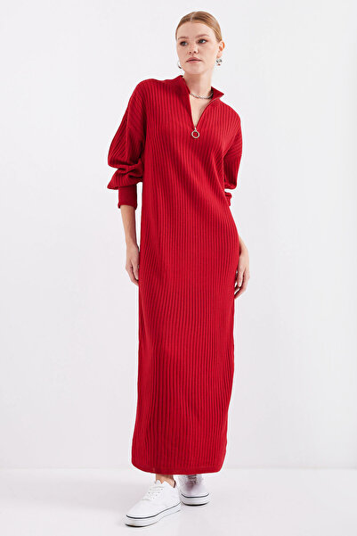 Merterium Women's Long Zippered Knitwear Dress Red 1139