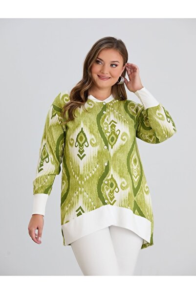 Te&Te Women's Plus Size Button Pattern Woven Shirt Tunic