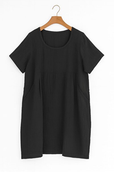 enmodaiçgiyim Plus Size 100% Cotton Muslin Fabric Black Knee-Length Women's Dress – Side Pockets, Comfortable Fit Summer