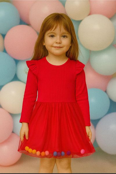 renkli diyar Girl's Dress Pompom Detail Tulle School Nursery Primary School Kindergarten