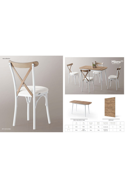 DENGEMA Milano’20 Açılır Masa Takımı – Ceviz Desen & Beyaz Ayak – 80×125 → 165 cm, 4 Sandalyeli