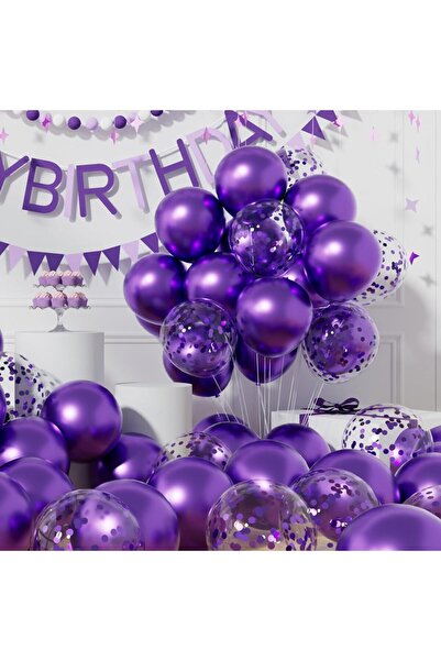 BALON DİYARI Mor Sedefli Metalik 40 Adet Şeffaf Balon Premium
