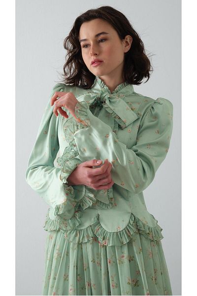 miha Hicran Önal Patterned Dress with Scarf on the Front Mint