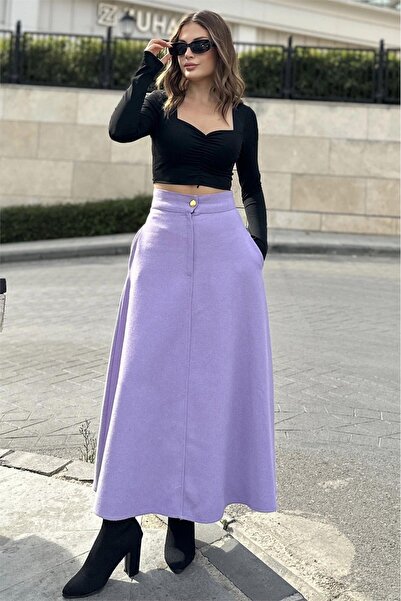 NEW LAVİVA Damă liliac talie înaltă, buzunare, lungă, țesătură cu snur, fustă Maxi evazată (corritură îngustă)