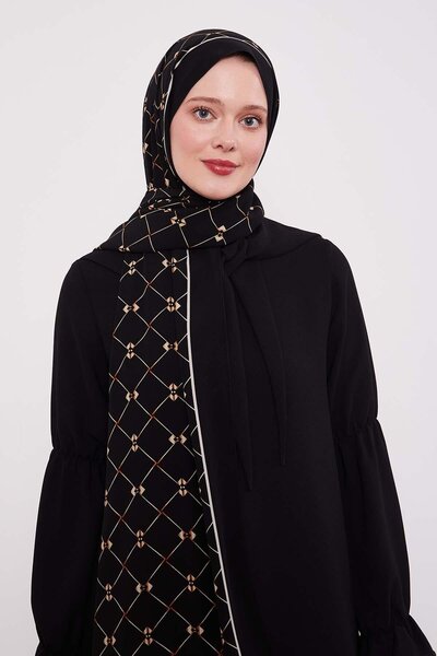 Levidor Siyah Varaklı Baklava Desen Medine İpeği Şal